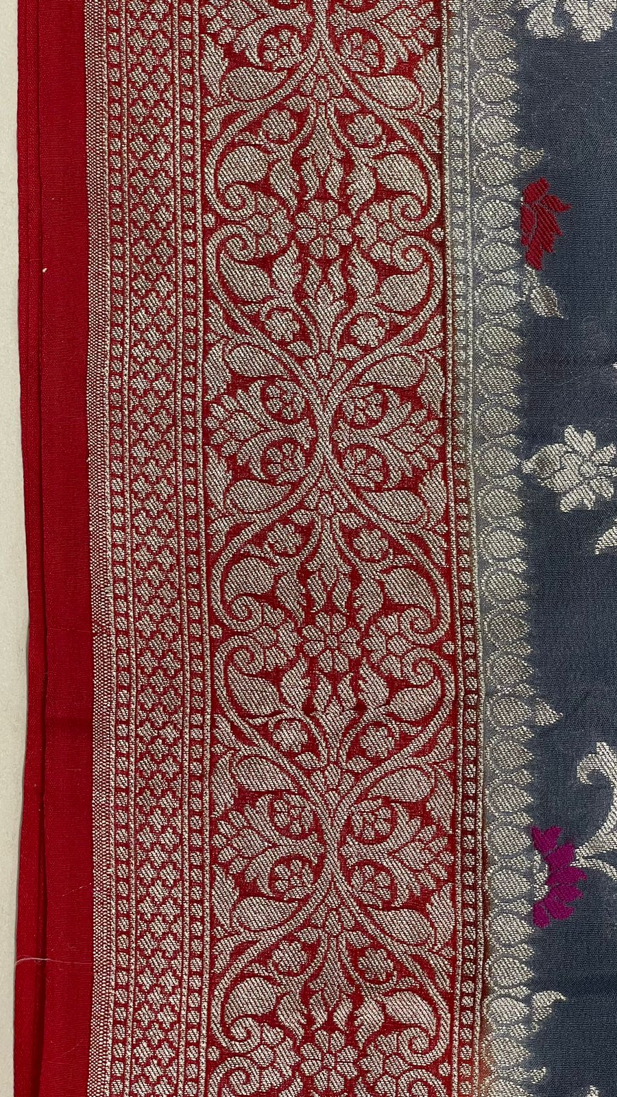 Faishana Presents Grey Khaddi Georgette Floral Minakari Zari Jaal with Contrast Red Banarasi Floral Jaal Pallu Zari Border and Green Blouse