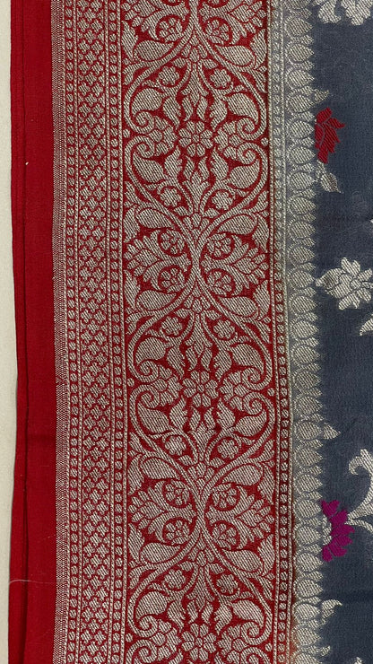 Faishana Presents Grey Khaddi Georgette Floral Minakari Zari Jaal with Contrast Red Banarasi Floral Jaal Pallu Zari Border and Green Blouse