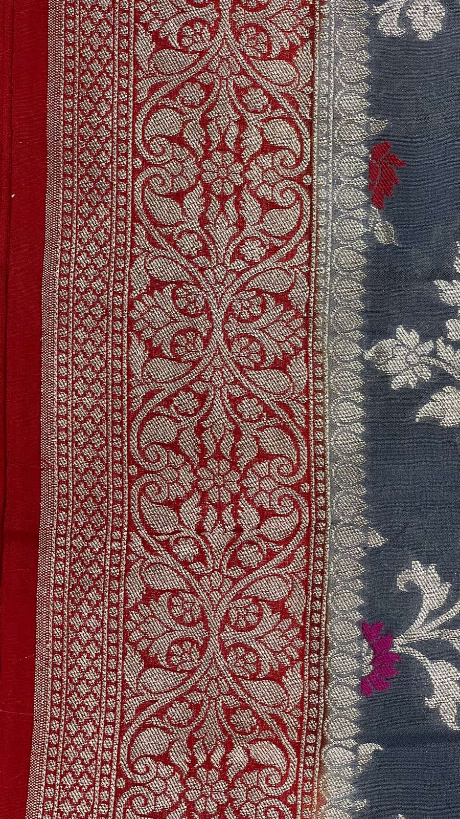 Faishana Presents Grey Khaddi Georgette Floral Minakari Zari Jaal with Contrast Red Banarasi Floral Jaal Pallu Zari Border and Green Blouse