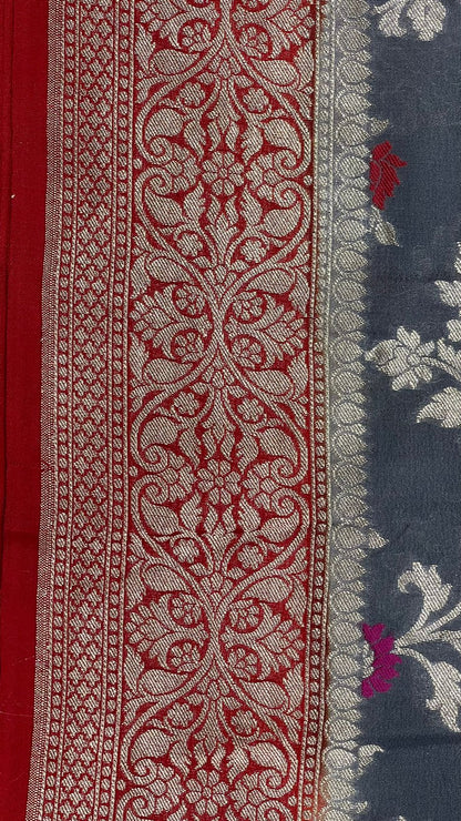 Faishana Presents Grey Khaddi Georgette Floral Minakari Zari Jaal with Contrast Red Banarasi Floral Jaal Pallu Zari Border and Green Blouse
