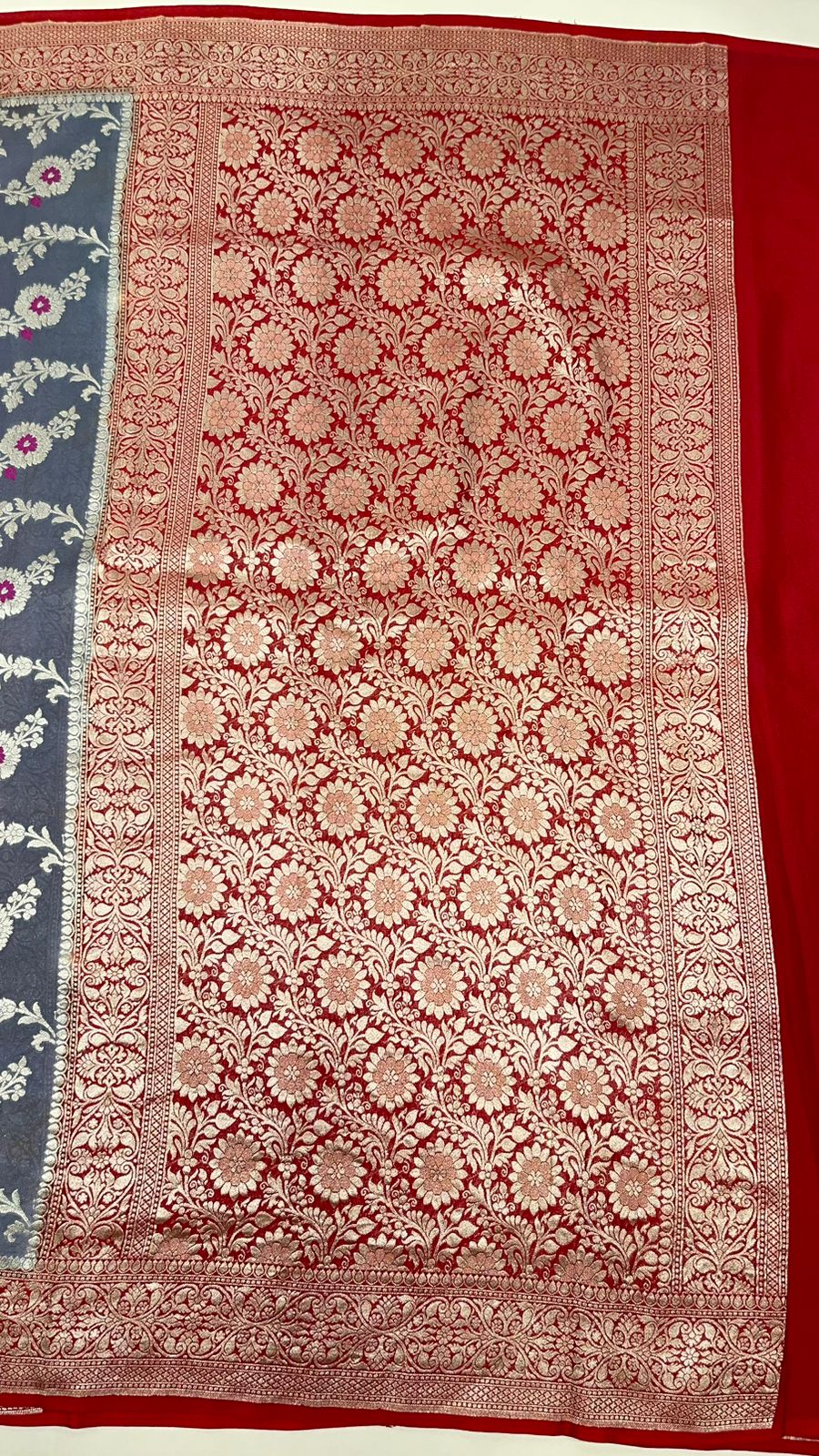 Faishana Presents Grey Khaddi Georgette Floral Minakari Zari Jaal with Contrast Red Banarasi Floral Jaal Pallu Zari Border and Green Blouse