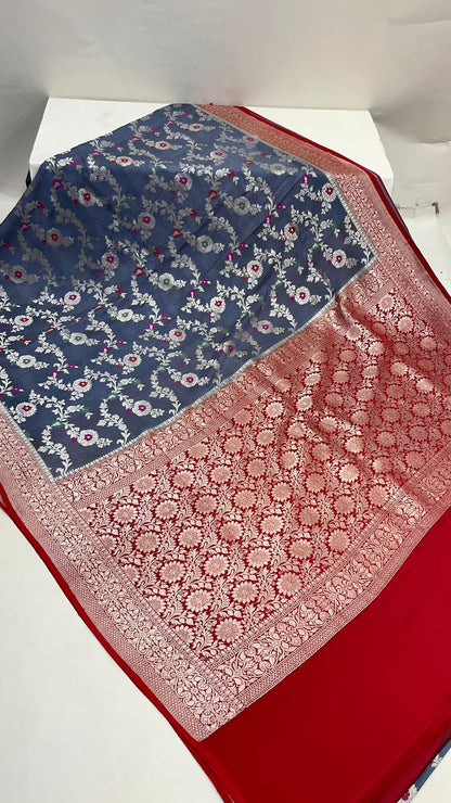 Faishana Presents Grey Khaddi Georgette Floral Minakari Zari Jaal with Contrast Red Banarasi Floral Jaal Pallu Zari Border and Green Blouse