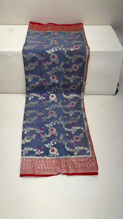 Faishana Presents Grey Khaddi Georgette Floral Minakari Zari Jaal with Contrast Red Banarasi Floral Jaal Pallu Zari Border and Green Blouse