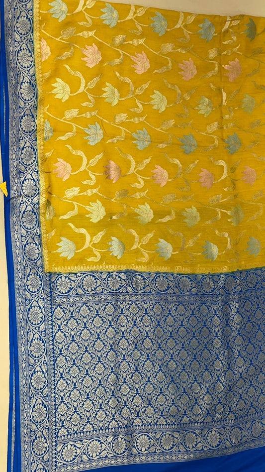 Faishana Presents Yellow Tussar Silk Handpainted Floral Zari Jaal with Contrast Blue Banarasi Floral Jaal Pallu Zari Border and Blue Blouse