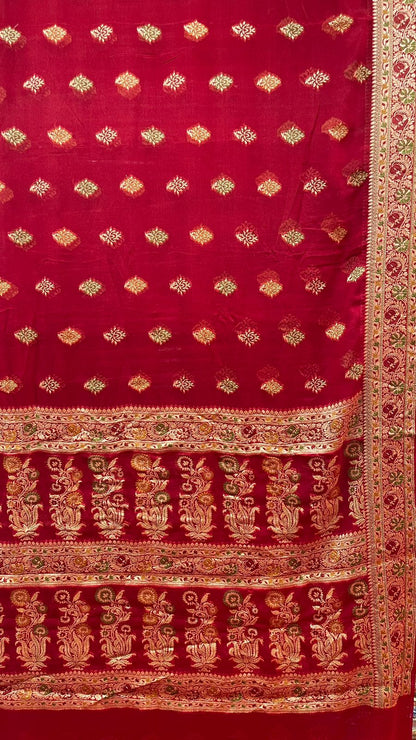 Faishana Presents Handloom Red Chiffon Resham Mina Zari Booti Kadiyal Anchal with Banarasi Mina Border and Red Blouse