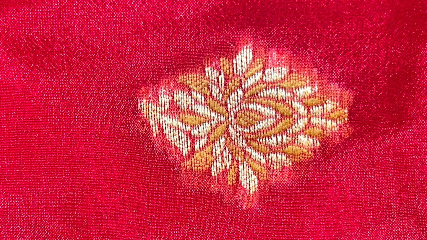 Faishana Presents Handloom Red Chiffon Resham Mina Zari Booti Kadiyal Anchal with Banarasi Mina Border and Red Blouse