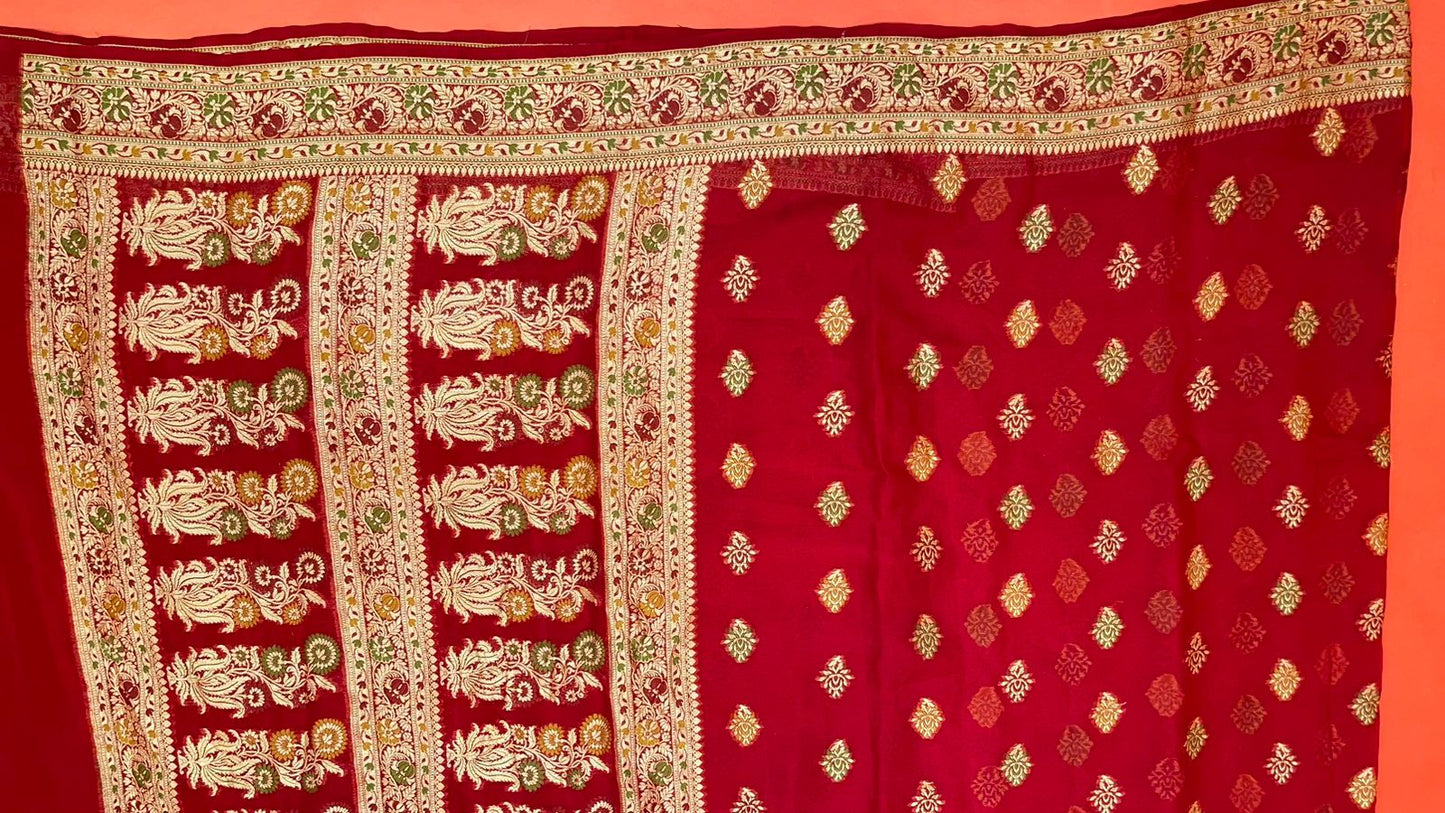 Faishana Presents Handloom Red Chiffon Resham Mina Zari Booti Kadiyal Anchal with Banarasi Mina Border and Red Blouse