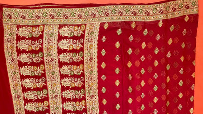 Faishana Presents Handloom Red Chiffon Resham Mina Zari Booti Kadiyal Anchal with Banarasi Mina Border and Red Blouse