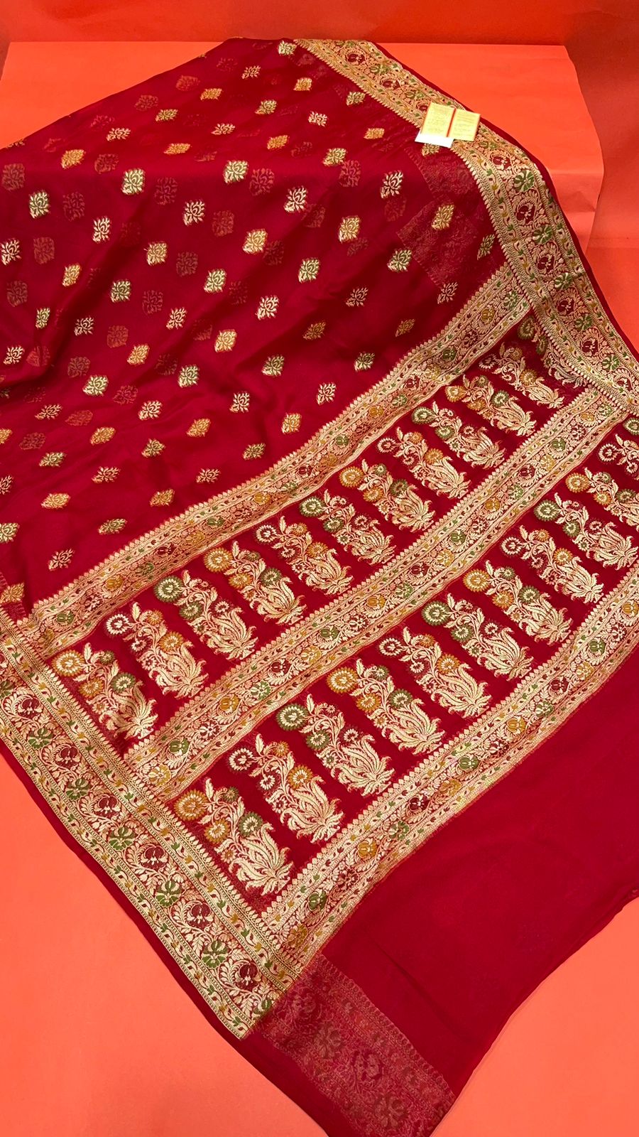 Faishana Presents Handloom Red Chiffon Resham Mina Zari Booti Kadiyal Anchal with Banarasi Mina Border and Red Blouse