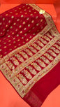 Faishana Presents Handloom Red Chiffon Resham Mina Zari Booti Kadiyal Anchal with Banarasi Mina Border and Red Blouse