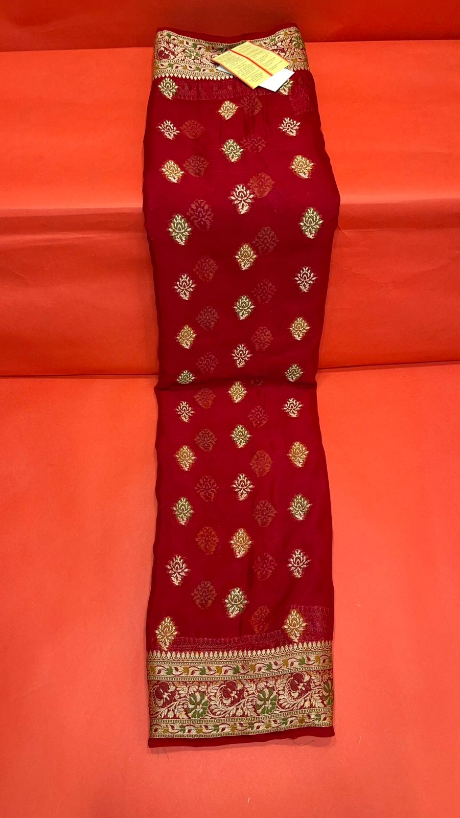 Faishana Presents Handloom Red Chiffon Resham Mina Zari Booti Kadiyal Anchal with Banarasi Mina Border and Red Blouse