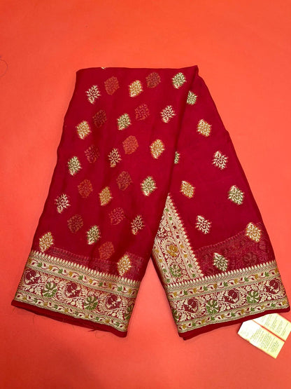 Faishana Presents Handloom Red Chiffon Resham Mina Zari Booti Kadiyal Anchal with Banarasi Mina Border and Red Blouse