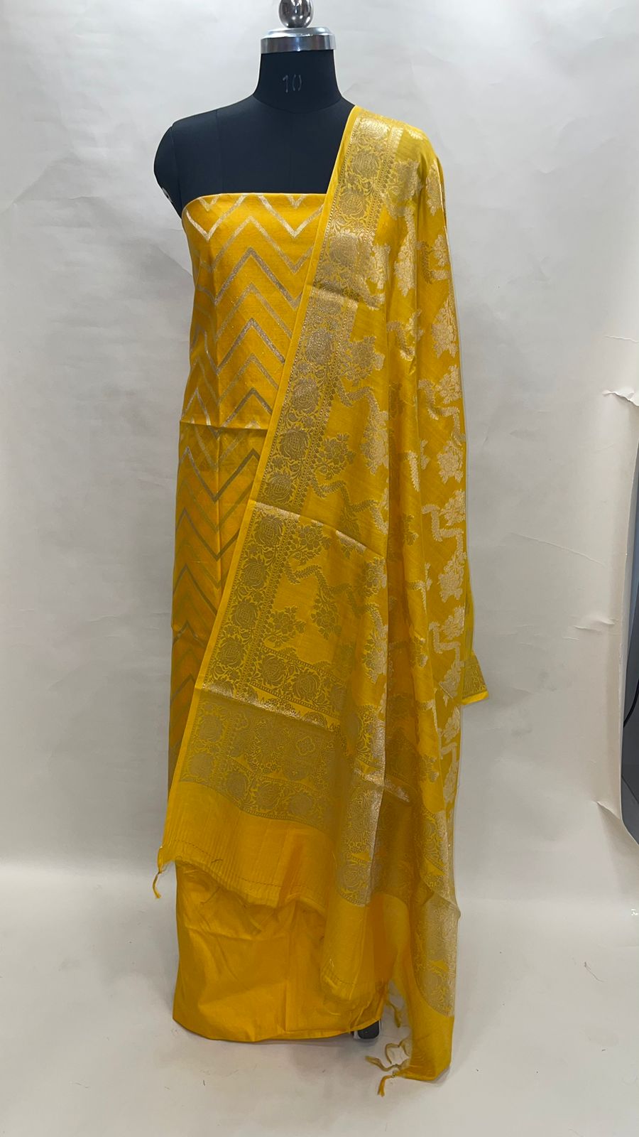 Faishana Presents Yellow Cotton Silk 3pcs Suit Set accompanied with Plain Bottom and Top Golden Zig Zag Stripe  & Yellow Golden Zari Lehariya Jaal Cotton Silk Dupatta