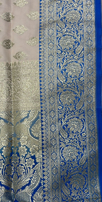 Faishana Presents Off-white Katan Silk Floral Light Gold Zari Booti with Contrast SkyBlue Floral Pallu Banarasi saree and Sky Blue Blouse