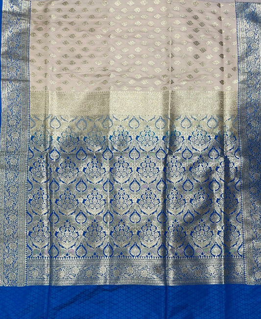 Faishana Presents Off-white Katan Silk Floral Light Gold Zari Booti with Contrast Blue Floral Pallu Banarasi saree and Blue Blouse