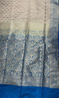 Faishana Presents Off-white Katan Silk Floral Light Gold Zari Booti with Contrast SkyBlue Floral Pallu Banarasi saree and Sky Blue Blouse