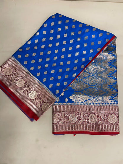 Faishana Presents Blue Katan Silk Floral Zari Booti with Contrast Red 2D Silver Zari Border with Red Blouse
