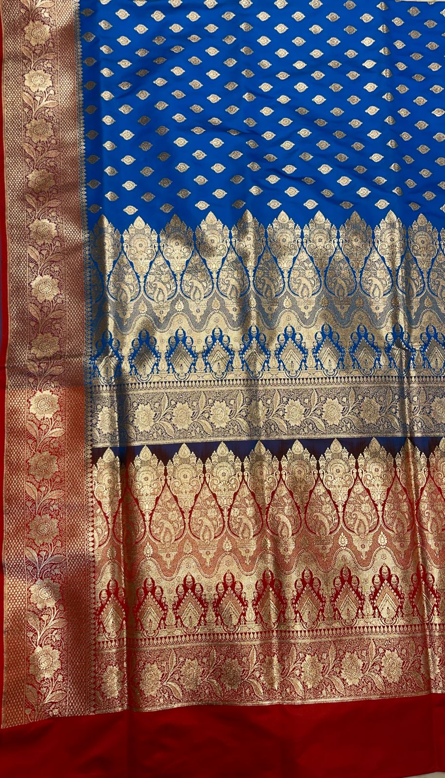 Faishana Presents Blue Katan Silk Floral Zari Booti with Contrast Red 2D Silver Zari Border with Red Blouse