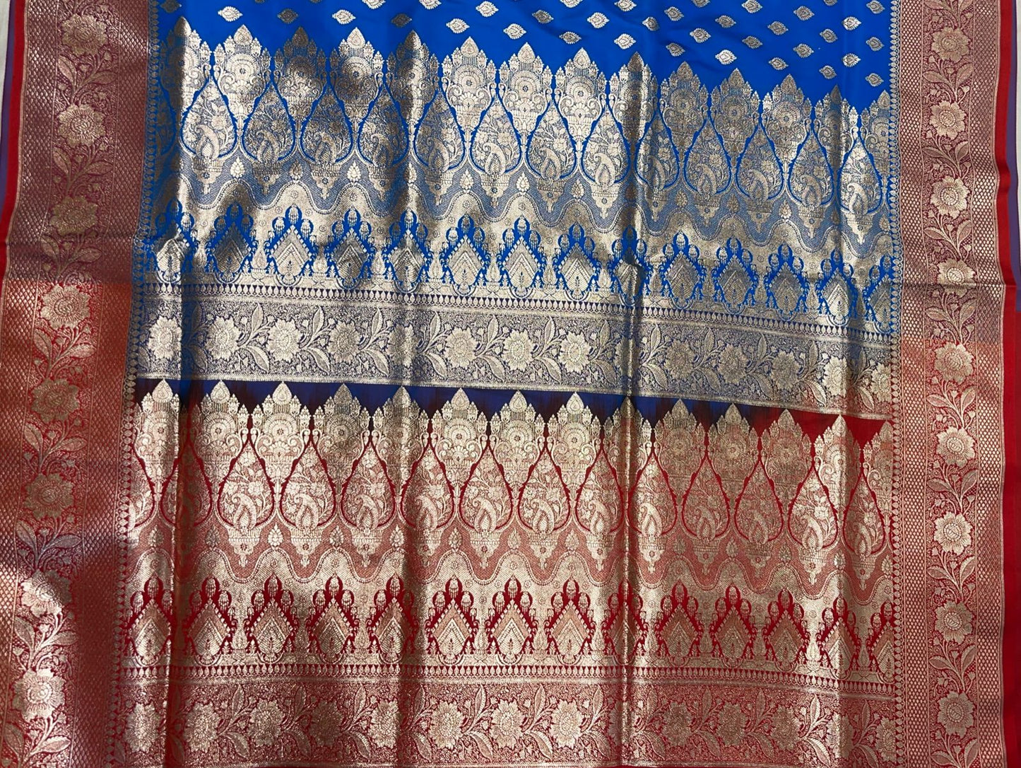 Faishana Presents Blue Katan Silk Floral Zari Booti with Contrast Red 2D Silver Zari Border with Red Blouse
