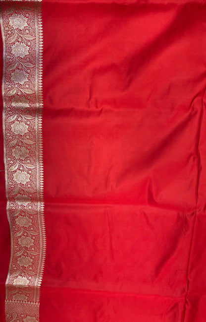 Faishana Presents Blue Katan Silk Floral Zari Booti with Contrast Red 2D Silver Zari Border with Red Blouse