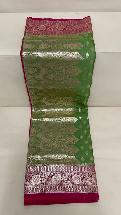 Faishana Presents Pista Green Satin Silk Floral Zari Booti with Contrast Magenta 2D Silver Zari Border with Magenta Blouse