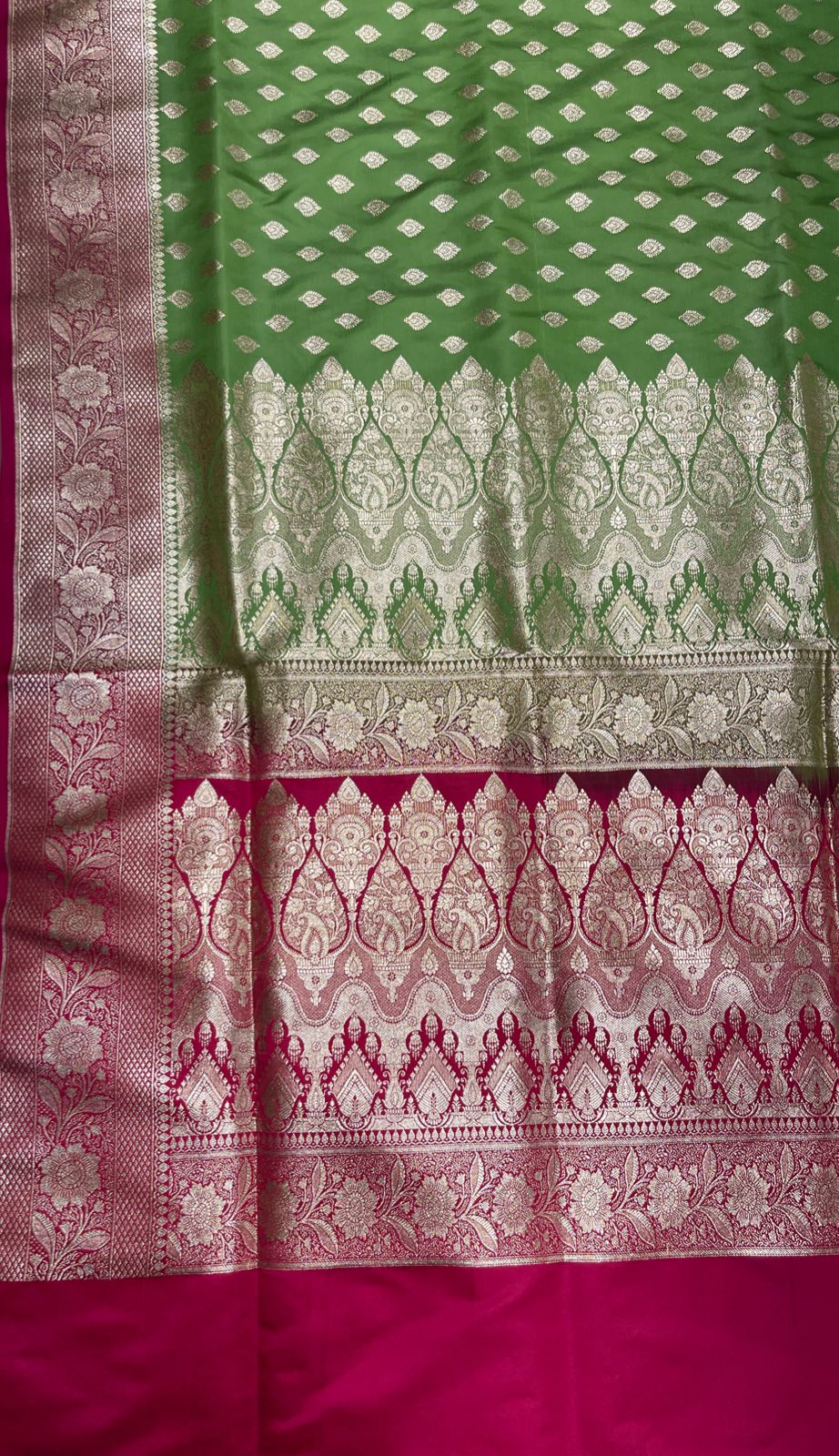 Faishana Presents Pista Green Satin Silk Floral Zari Booti with Contrast Magenta 2D Silver Zari Border with Magenta Blouse