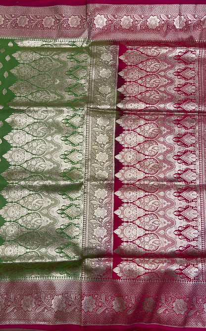 Faishana Presents Pista Green Satin Silk Floral Zari Booti with Contrast Magenta 2D Silver Zari Border with Magenta Blouse