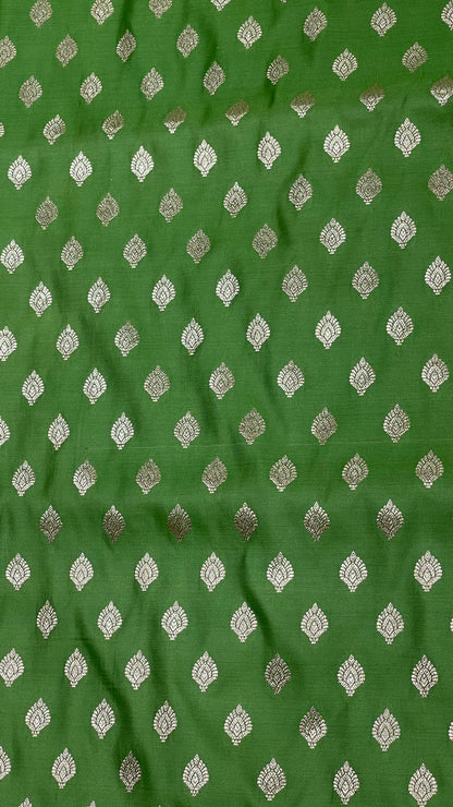Faishana Presents Pista Green Satin Silk Floral Zari Booti with Contrast Magenta 2D Silver Zari Border with Magenta Blouse