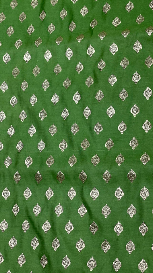 Faishana Presents Pista Green Satin Silk Floral Zari Booti with Contrast Magenta 2D Silver Zari Border with Magenta Blouse
