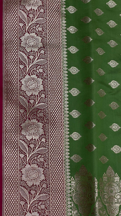 Faishana Presents Pista Green Satin Silk Floral Zari Booti with Contrast Magenta 2D Silver Zari Border with Magenta Blouse