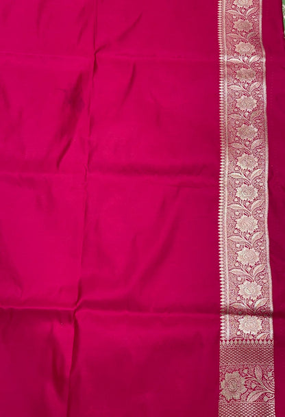 Faishana Presents Pista Green Satin Silk Floral Zari Booti with Contrast Magenta 2D Silver Zari Border with Magenta Blouse