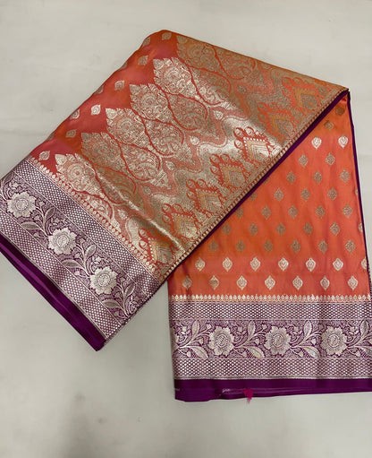 Faishana Presents Orange Satin Silk Floral Zari Booti with Contrast Purple 2D Silver Zari Border with Purple Blouse