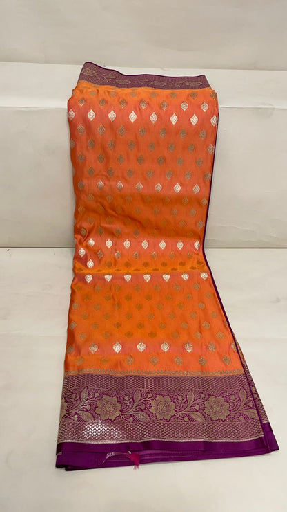 Faishana Presents Orange Satin Silk Floral Zari Booti with Contrast Purple 2D Silver Zari Border with Purple Blouse