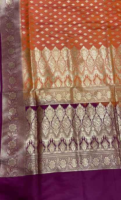Faishana Presents Orange Satin Silk Floral Zari Booti with Contrast Purple 2D Silver Zari Border with Purple Blouse