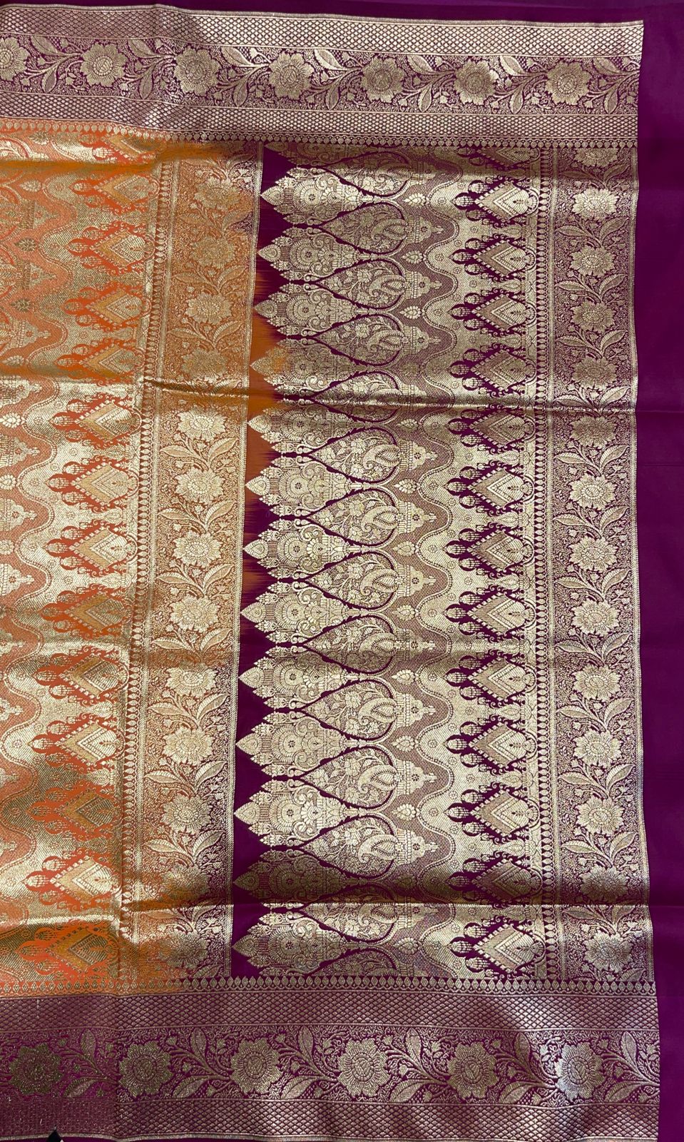 Faishana Presents Orange Satin Silk Floral Zari Booti with Contrast Purple 2D Silver Zari Border with Purple Blouse