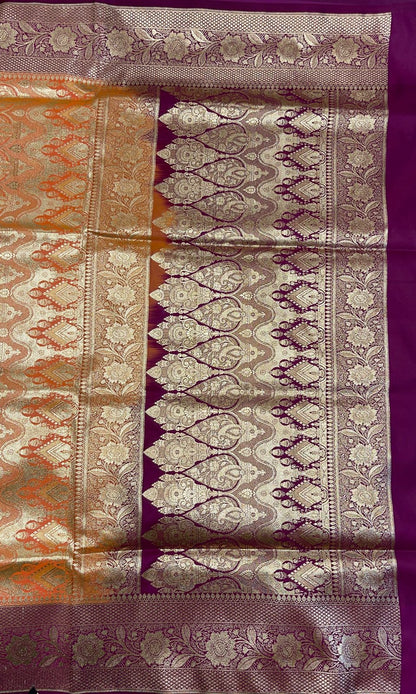 Faishana Presents Orange Satin Silk Floral Zari Booti with Contrast Purple 2D Silver Zari Border with Purple Blouse