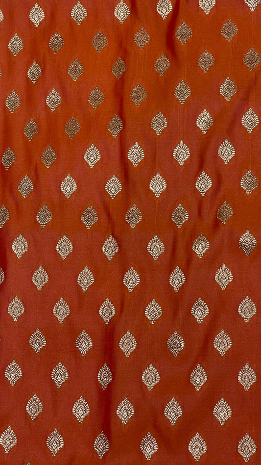 Faishana Presents Orange Satin Silk Floral Zari Booti with Contrast Purple 2D Silver Zari Border with Purple Blouse