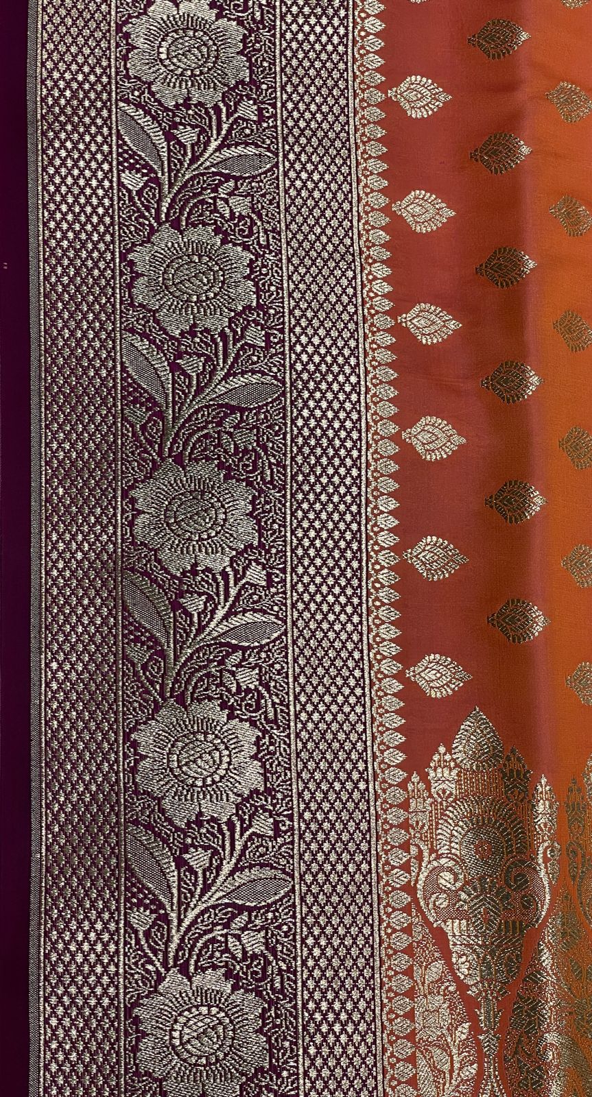 Faishana Presents Orange Satin Silk Floral Zari Booti with Contrast Purple 2D Silver Zari Border with Purple Blouse