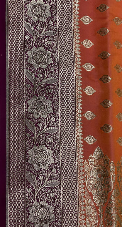 Faishana Presents Orange Satin Silk Floral Zari Booti with Contrast Purple 2D Silver Zari Border with Purple Blouse