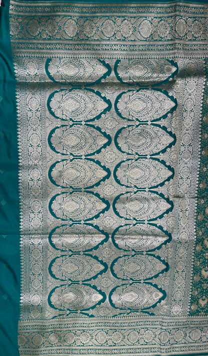 Faishana Presents Sea Green Tanchoi Satin Silk Alfi Mina Zari Booti with Silver Zari Big Boota Pallu and Silver Zari Border Banarasi saree with Sea Green Blouse