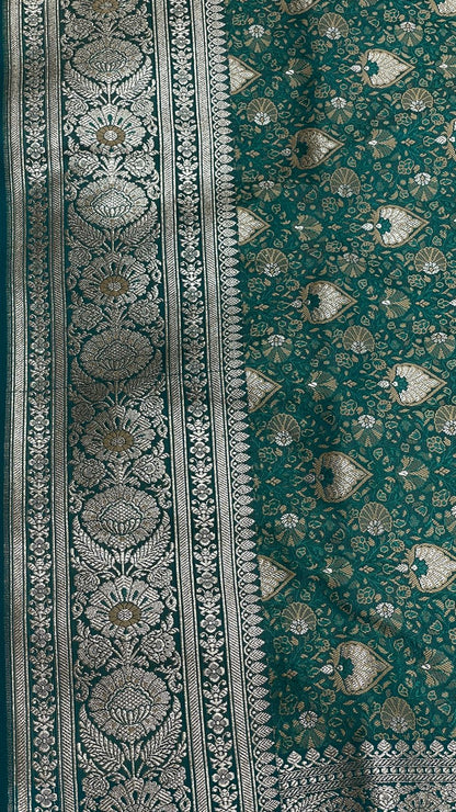Faishana Presents Sea Green Tanchoi Satin Silk Alfi Mina Zari Booti with Silver Zari Big Boota Pallu and Silver Zari Border Banarasi saree with Sea Green Blouse
