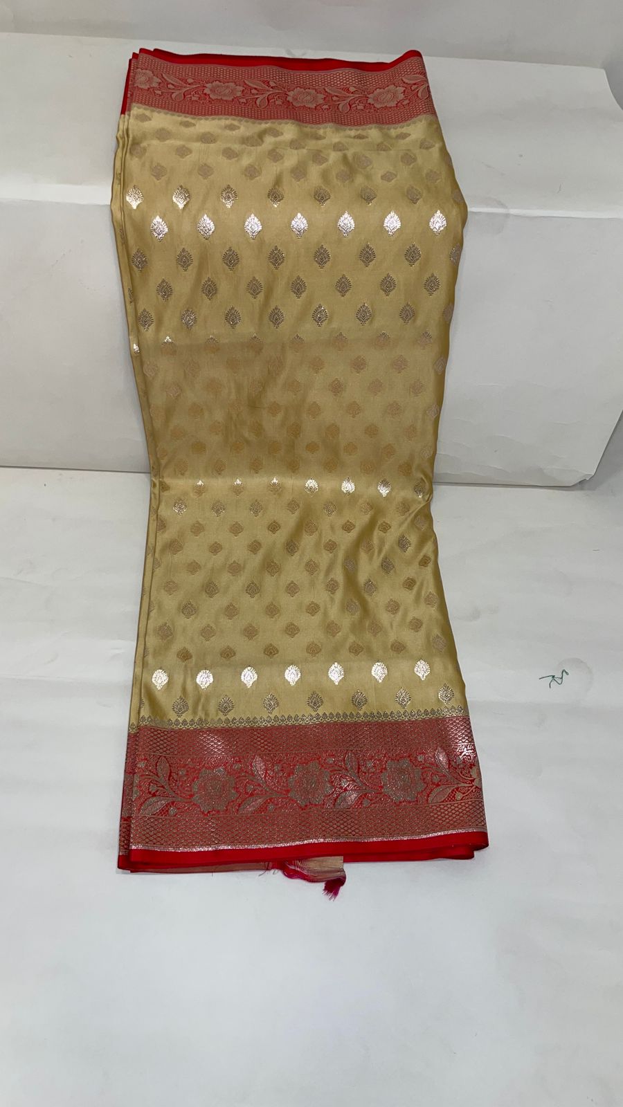 Faishana Presents Olive Katan Silk Floral Zari Booti with Contrast Red 2D Silver Zari Border with Red Blouse