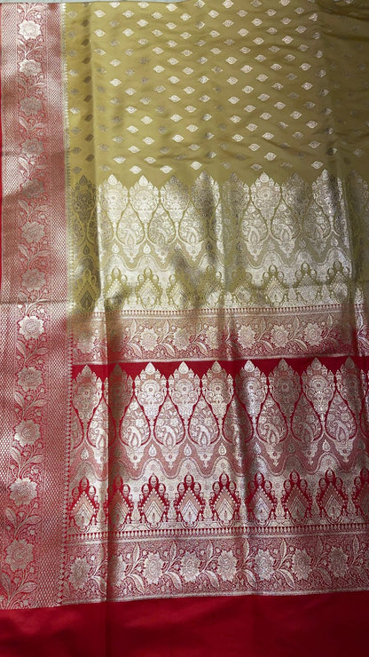 Faishana Presents Olive Katan Silk Floral Zari Booti with Contrast Red 2D Silver Zari Border with Red Blouse