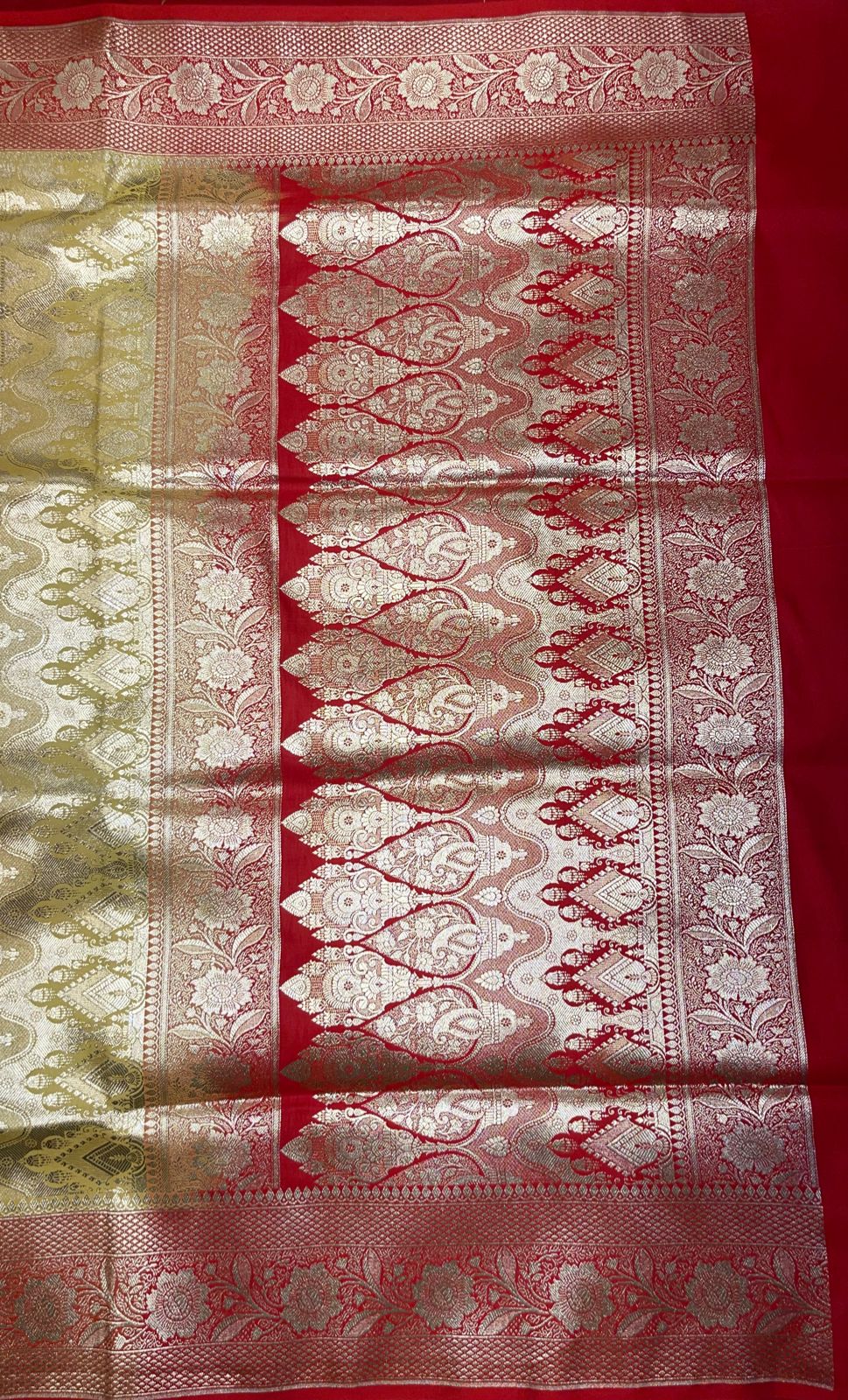 Faishana Presents Olive Katan Silk Floral Zari Booti with Contrast Red 2D Silver Zari Border with Red Blouse