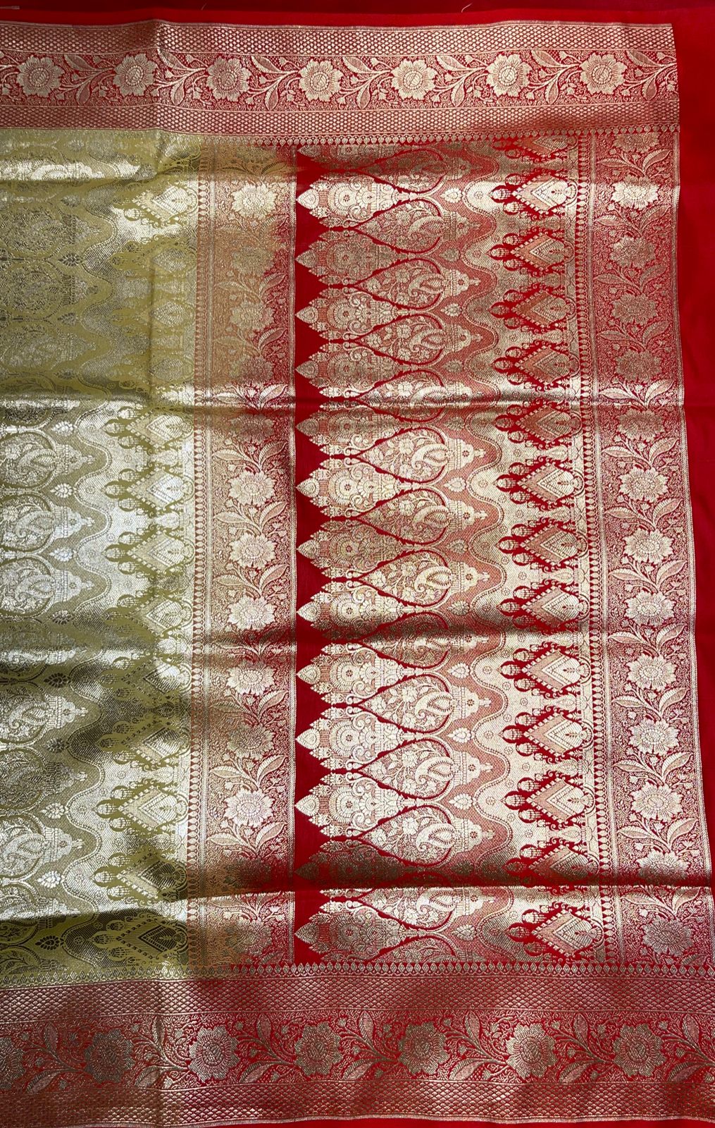 Faishana Presents Olive Katan Silk Floral Zari Booti with Contrast Red 2D Silver Zari Border with Red Blouse