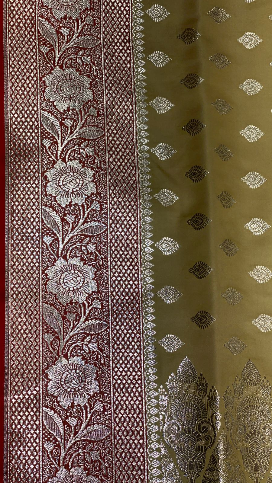 Faishana Presents Olive Katan Silk Floral Zari Booti with Contrast Red 2D Silver Zari Border with Red Blouse