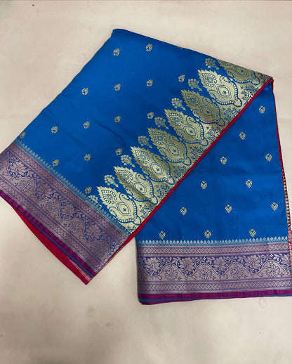 Faishana Presents Royal Blue Satin Silk Gold Zari Lachha Booti and Contrast Red Floral Zari Border and Heavy Gold Zari Jaal Pallu Banarasi saree with Red Blouse