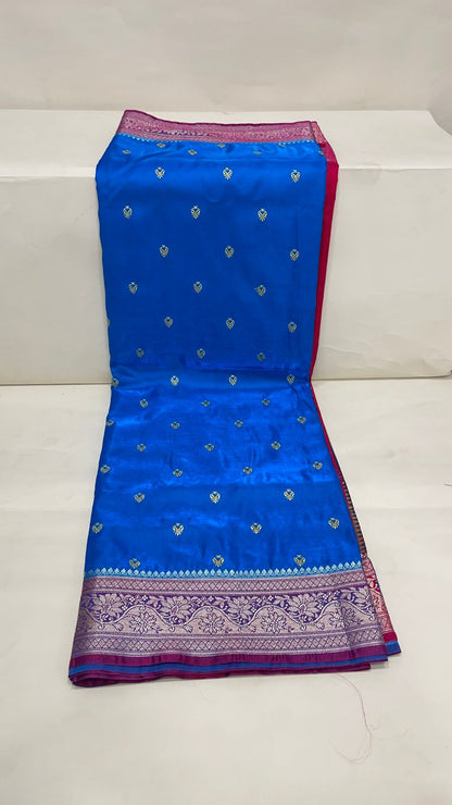 Faishana Presents Royal Blue Satin Silk Gold Zari Lachha Booti and Contrast Red Floral Zari Border and Heavy Gold Zari Jaal Pallu Banarasi saree with Red Blouse