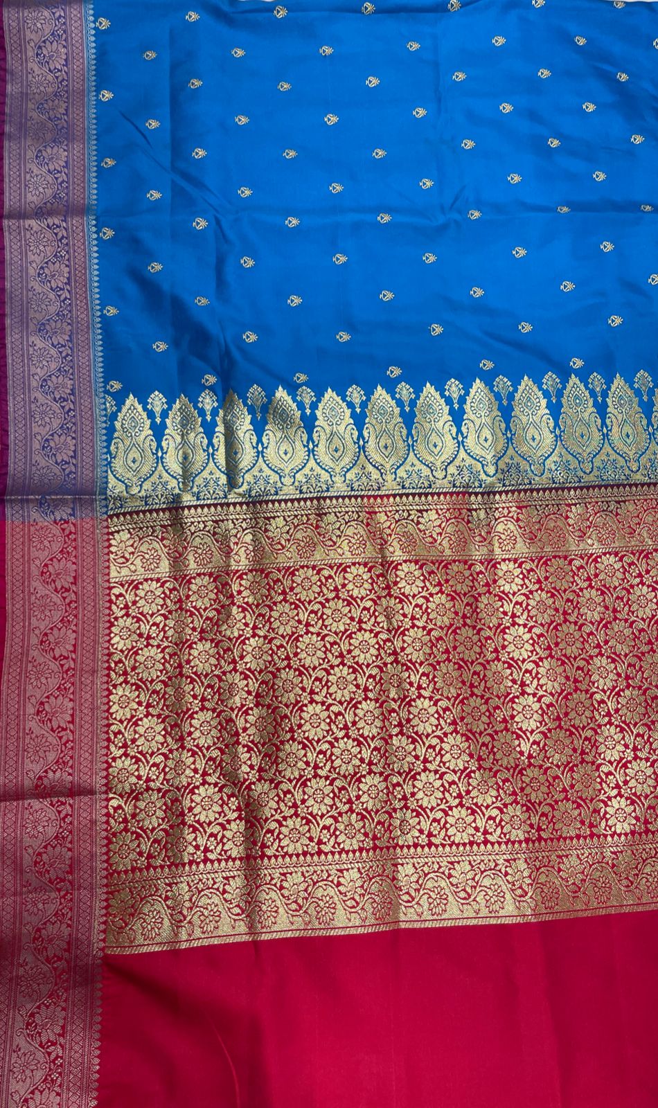 Faishana Presents Royal Blue Satin Silk Gold Zari Lachha Booti and Contrast Red Floral Zari Border and Heavy Gold Zari Jaal Pallu Banarasi saree with Red Blouse