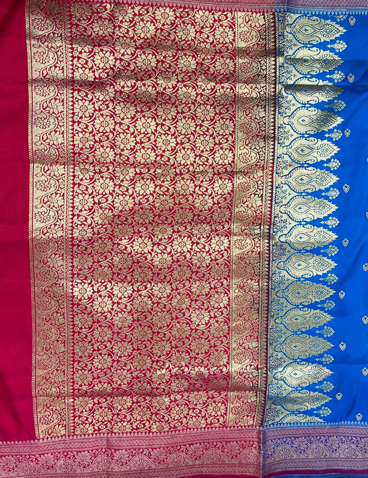 Faishana Presents Royal Blue Satin Silk Gold Zari Lachha Booti and Contrast Red Floral Zari Border and Heavy Gold Zari Jaal Pallu Banarasi saree with Red Blouse